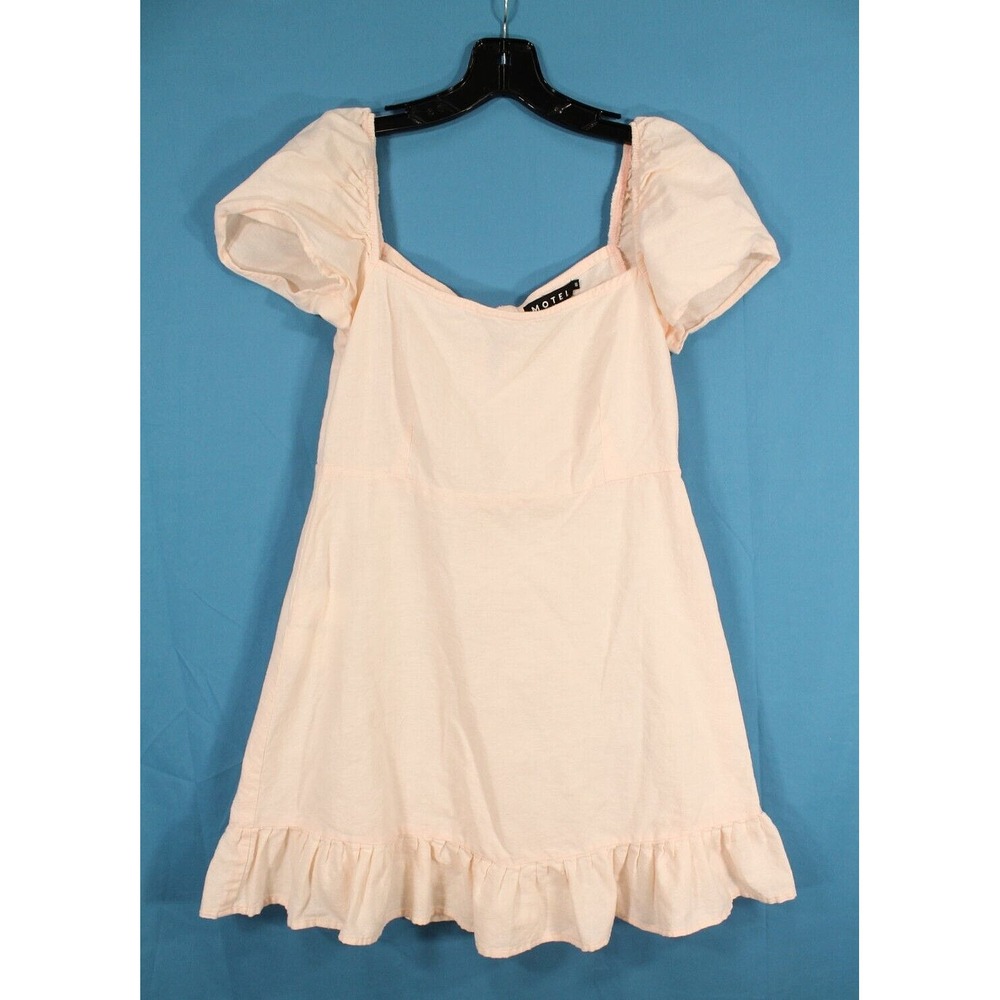 MOTEL URBAN OUTFITTERS Light Pink TWILL Button/Zip PUFF SLEEVES Sheath Dress S